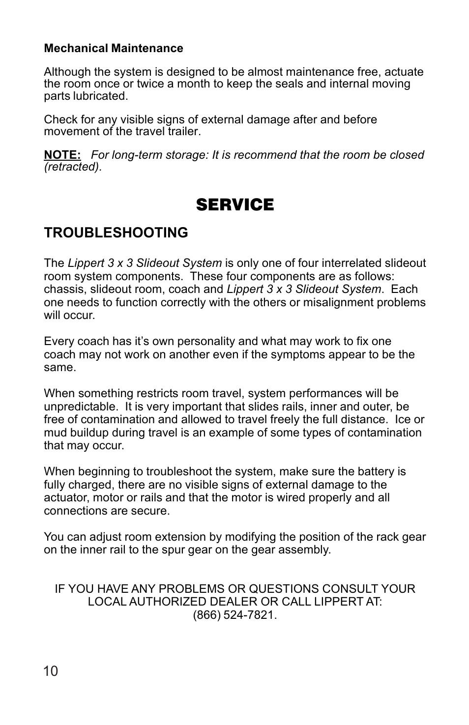 Service, Troubleshooting | Lippert Components 3 X 3 Slideout System User Manual | Page 10 / 15