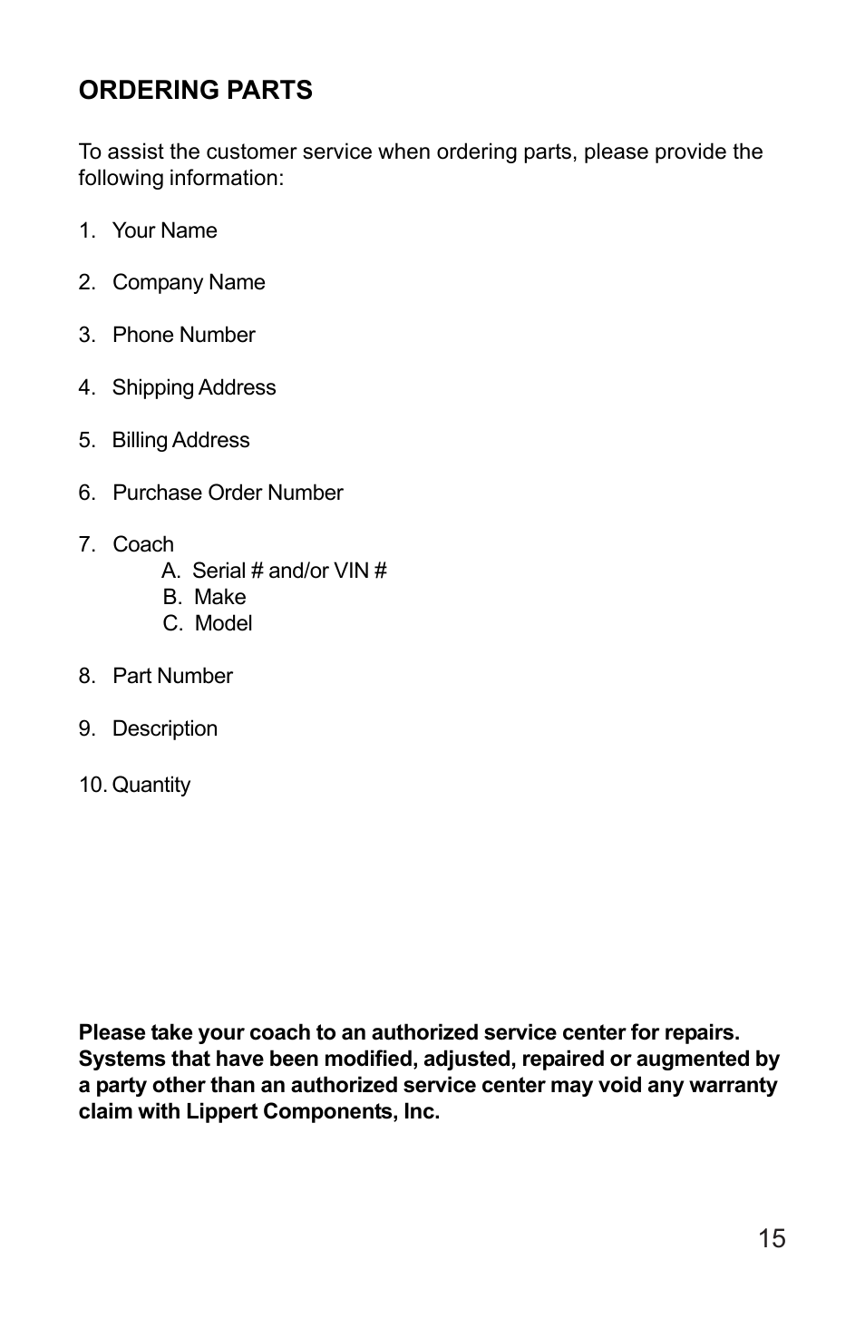 15 ordering parts | Lippert Components 3 X 3 Slideout System User Manual | Page 15 / 15