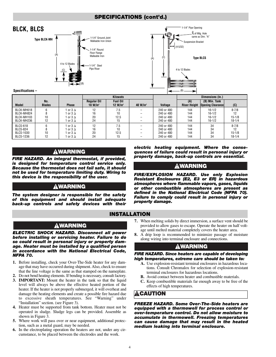 Blck, blcs, Installation, Specifications (cont’d.) | Chromalox PD411-10 User Manual | Page 4 / 8