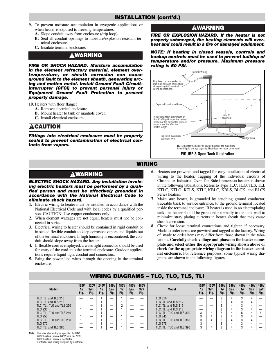 Wiring wiring diagrams – tlc, tlo, tls, tli, Installation (cont’d.), Figure 3 open tank illustration | Chromalox PD411-10 User Manual | Page 5 / 8