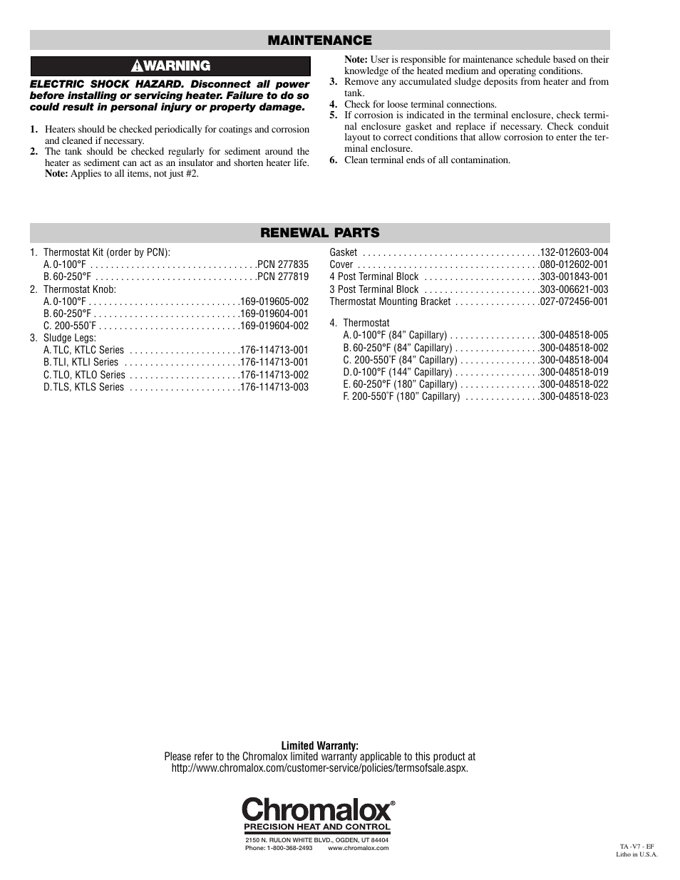 Maintenance renewal parts | Chromalox PD411-10 User Manual | Page 8 / 8