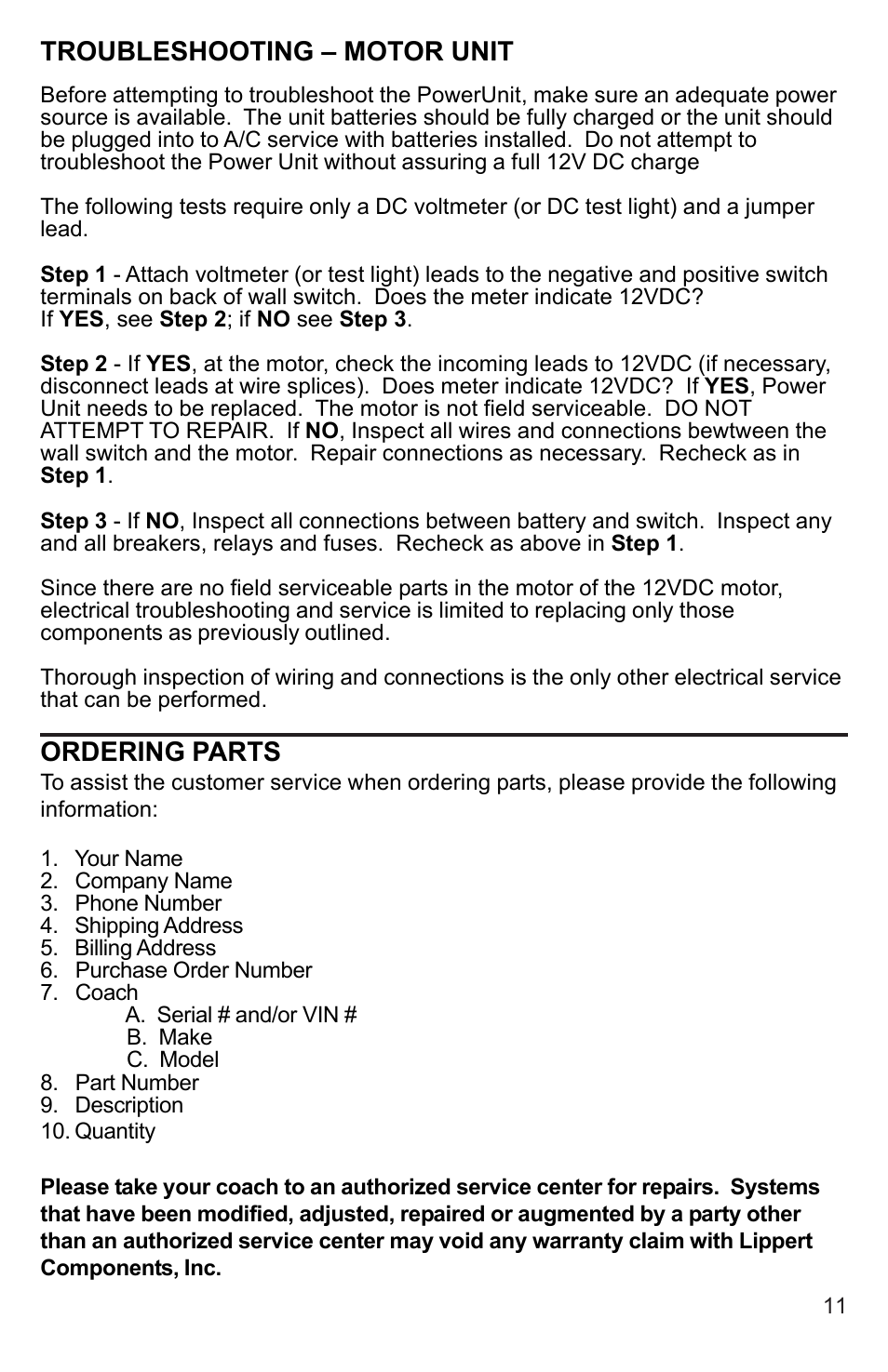 Troubleshooting – motor unit, Ordering parts | Lippert Components Above Floor Slideout System User Manual | Page 11 / 12