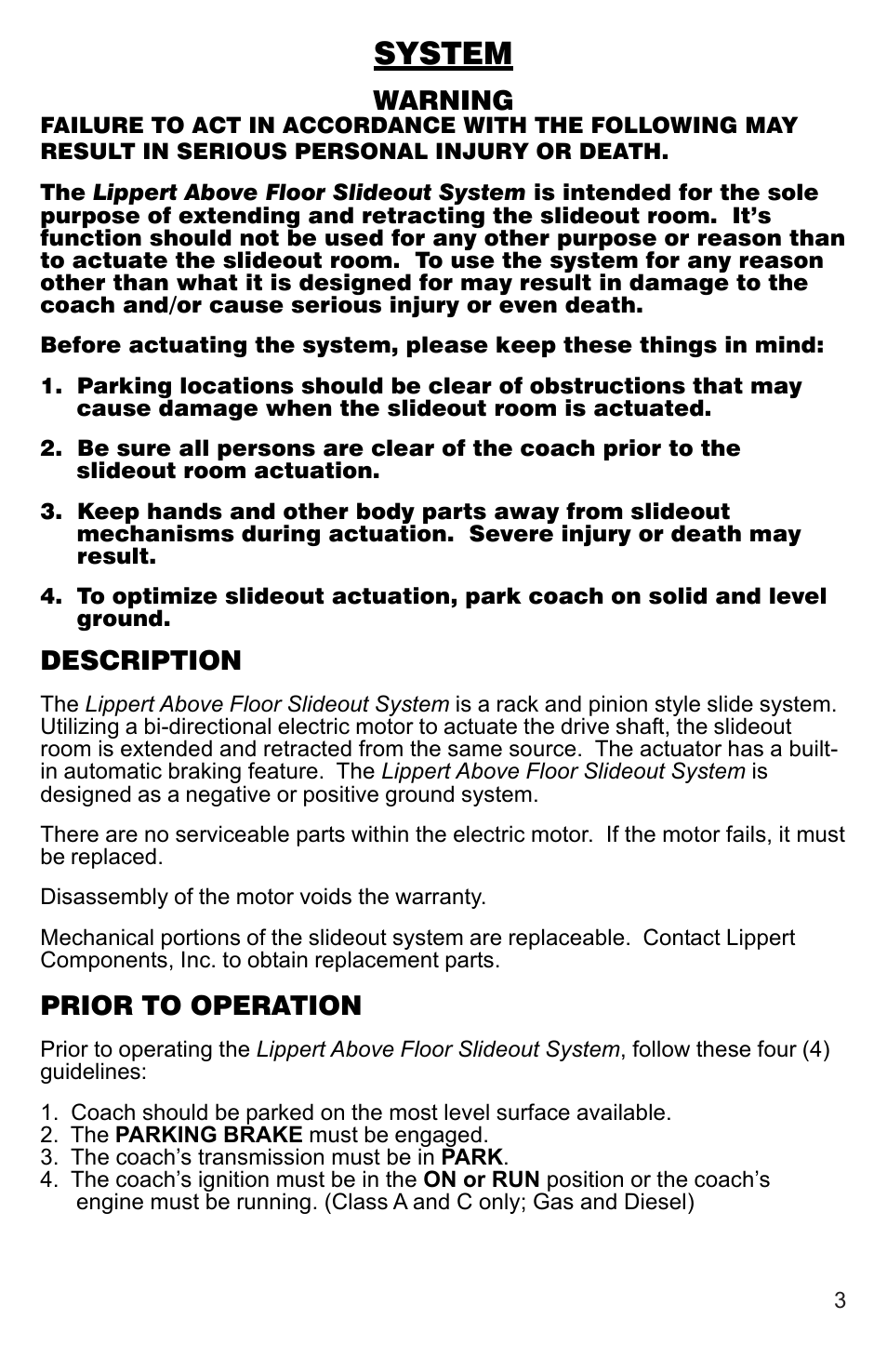 System, Warning, Description | Prior to operation | Lippert Components Above Floor Slideout System User Manual | Page 3 / 12