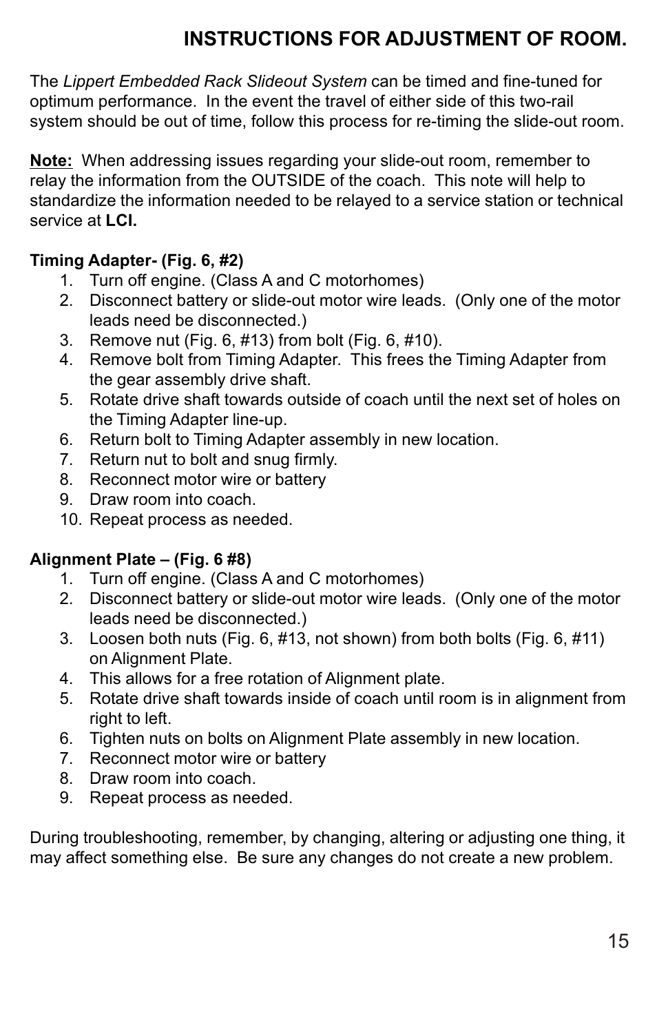 Instructions for adjustment of room | Lippert Components Embedded Rack Slideout System User Manual | Page 15 / 16