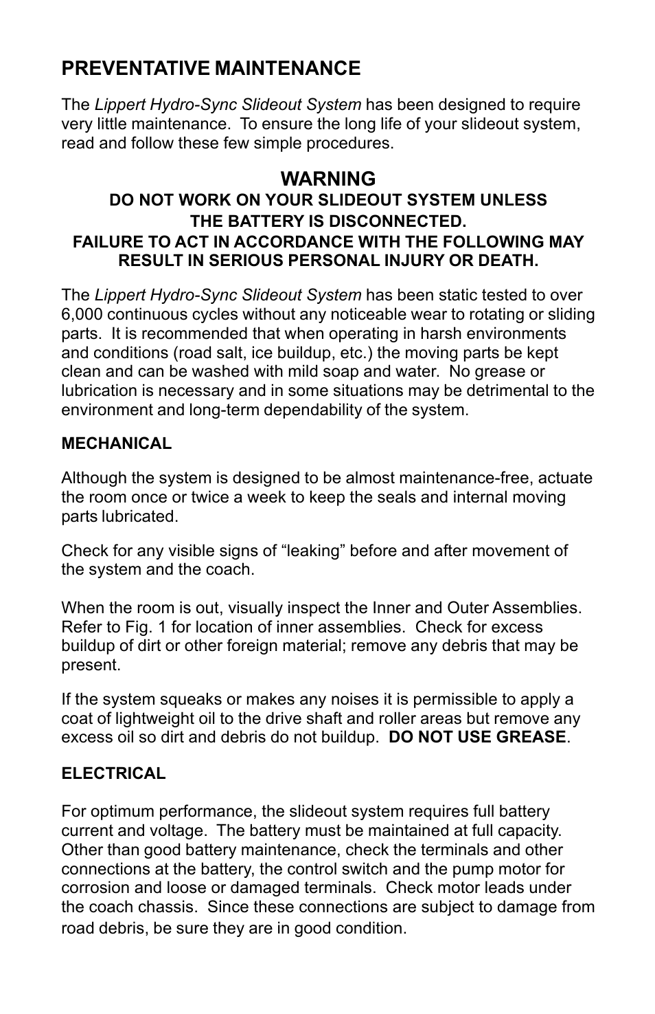 Preventative maintenance, Warning | Lippert Components Hydro-Sync Slideout System User Manual | Page 10 / 18