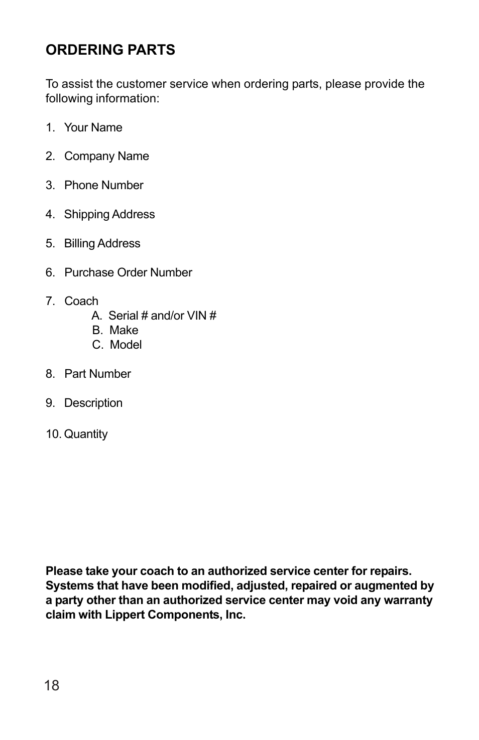 Ordering parts | Lippert Components Hydro-Sync Slideout System User Manual | Page 18 / 18