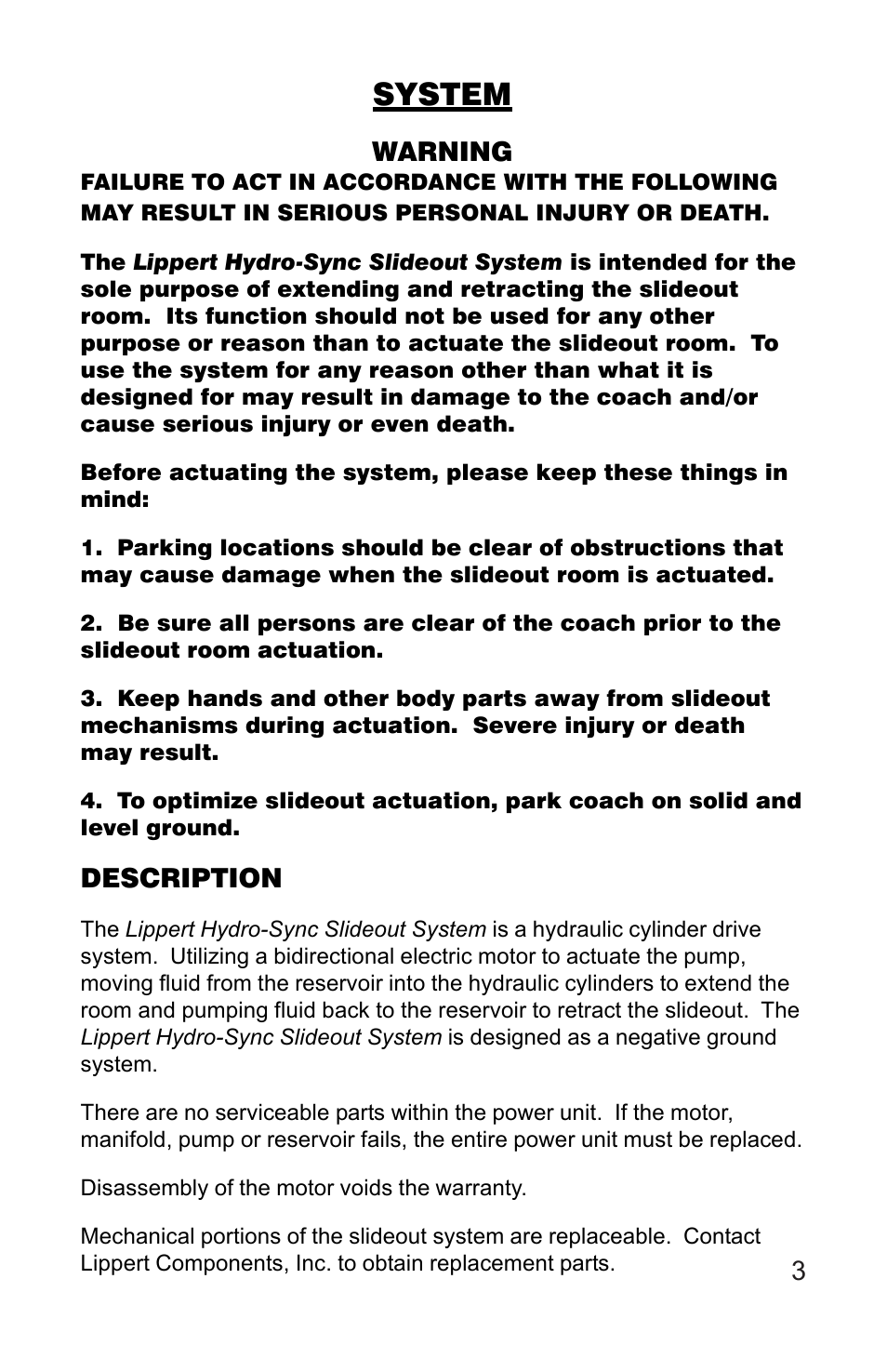System | Lippert Components Hydro-Sync Slideout System User Manual | Page 3 / 18