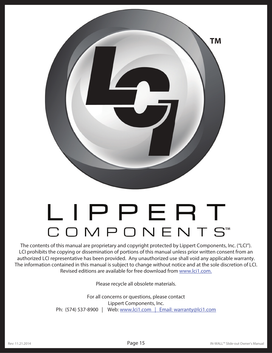 Lippert Components In Wall Slide-Out System User Manual | Page 15 / 15