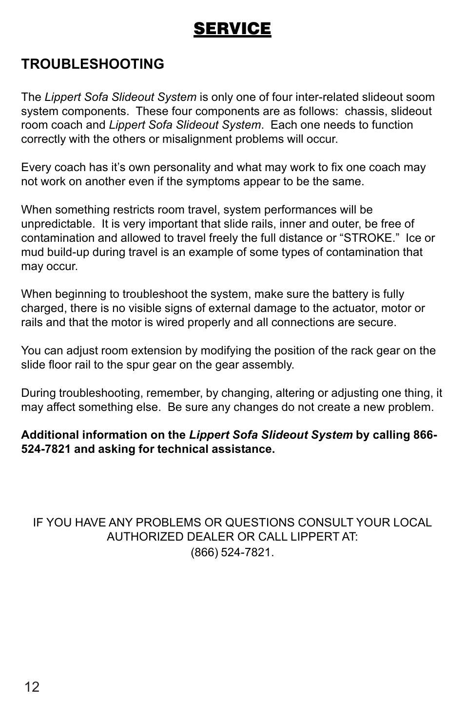 Service | Lippert Components Sofa Slideout System User Manual | Page 12 / 16