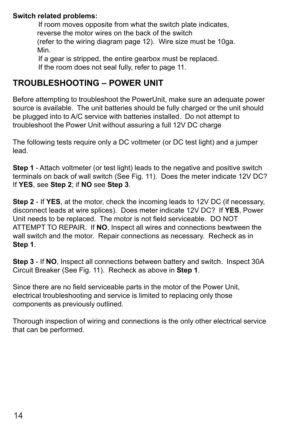 Troubleshooting – power unit | Lippert Components Sofa Slideout System User Manual | Page 14 / 16