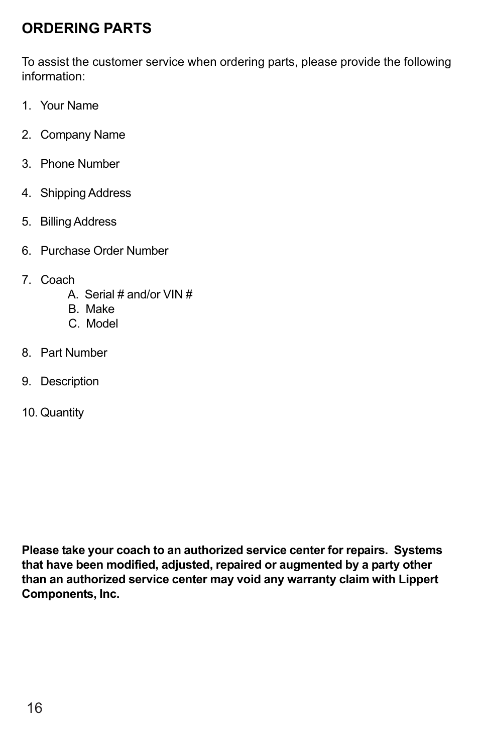 Ordering parts | Lippert Components Sofa Slideout System User Manual | Page 16 / 16