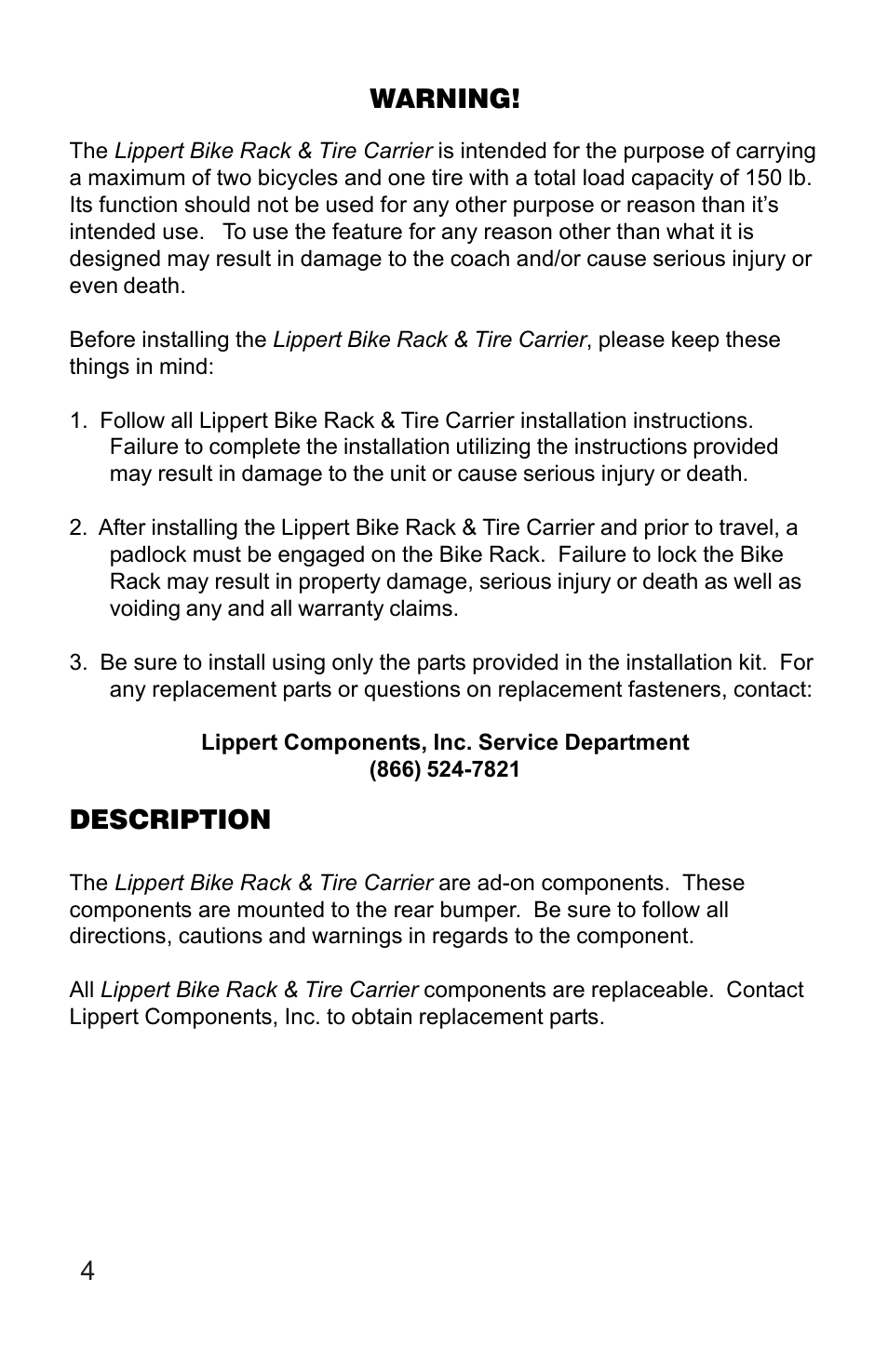 Lippert Components Bike Rack & Tire Carrier User Manual | Page 3 / 11