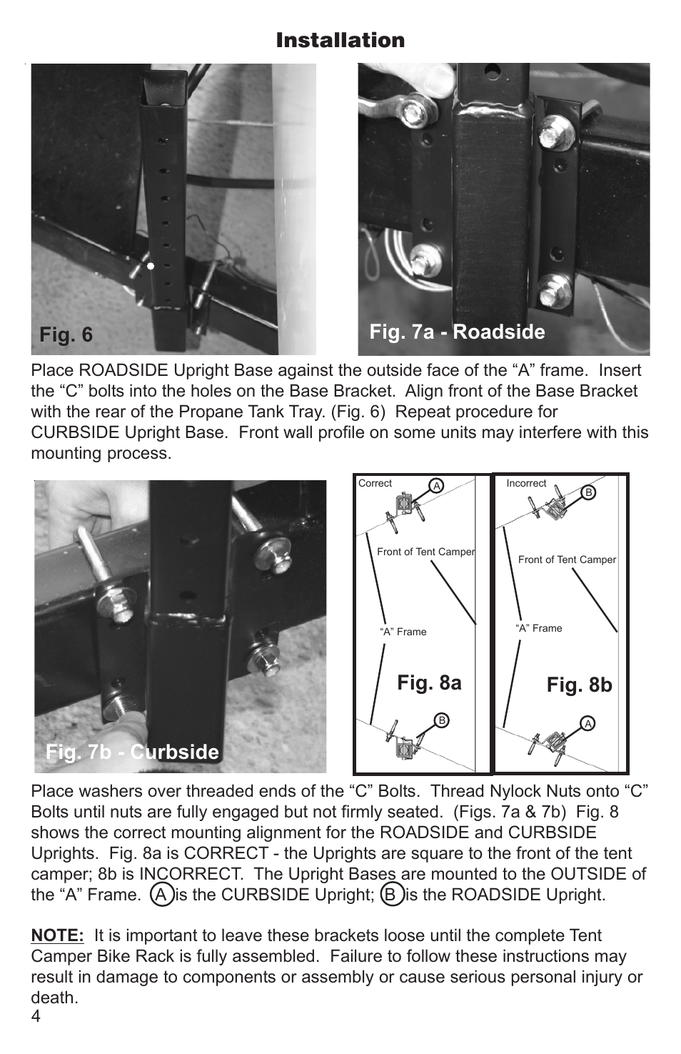 Fig. 6 fig. 7a - roadside, Fig. 7b - curbside installation, Fig. 8b fig. 8a | Lippert Components Tent Camper Bike Rack User Manual | Page 4 / 8