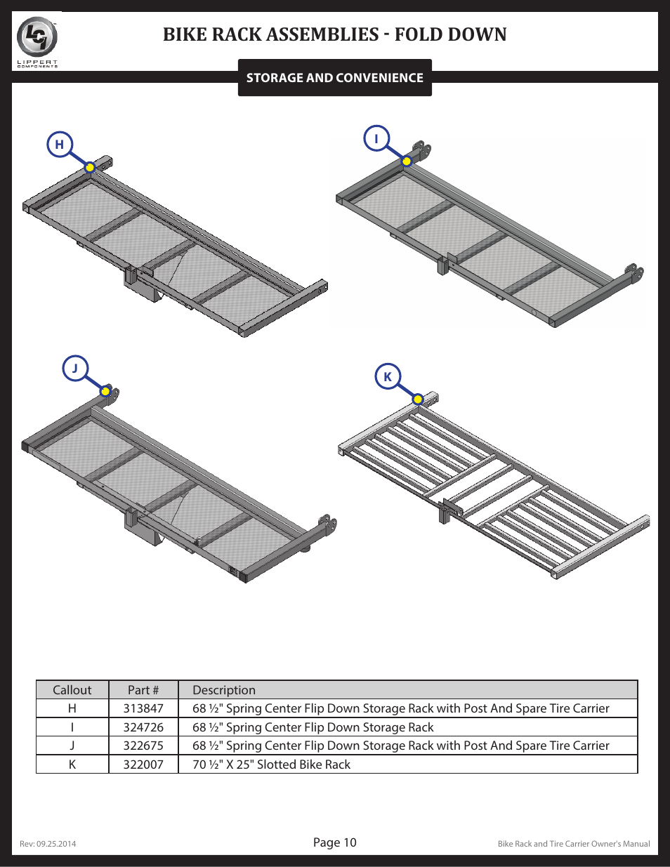 Bike rack assemblies - fold down | Lippert Components Bike and Tire Rack User Manual | Page 10 / 15
