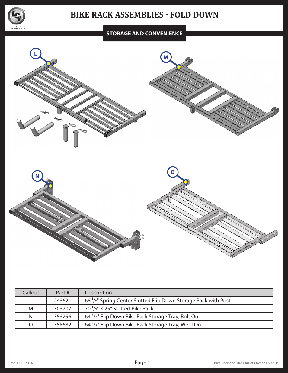 Bike rack assemblies - fold down | Lippert Components Bike and Tire Rack User Manual | Page 11 / 15
