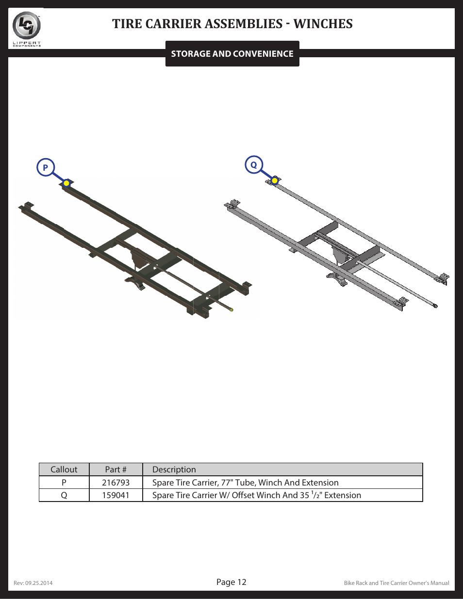 Tire carrier assemblies - winches | Lippert Components Bike and Tire Rack User Manual | Page 12 / 15