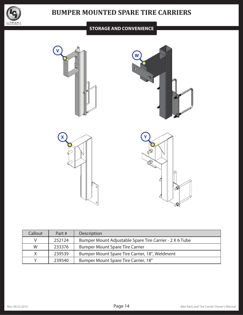 Bumper mounted spare tire carriers | Lippert Components Bike and Tire Rack User Manual | Page 14 / 15