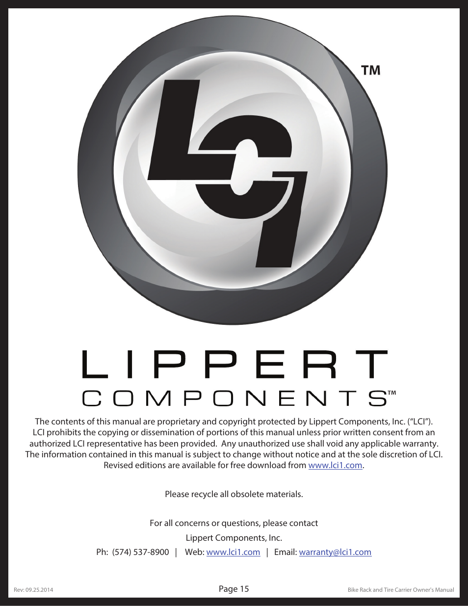Bumper mounted spare tire carriers | Lippert Components Bike and Tire Rack User Manual | Page 15 / 15
