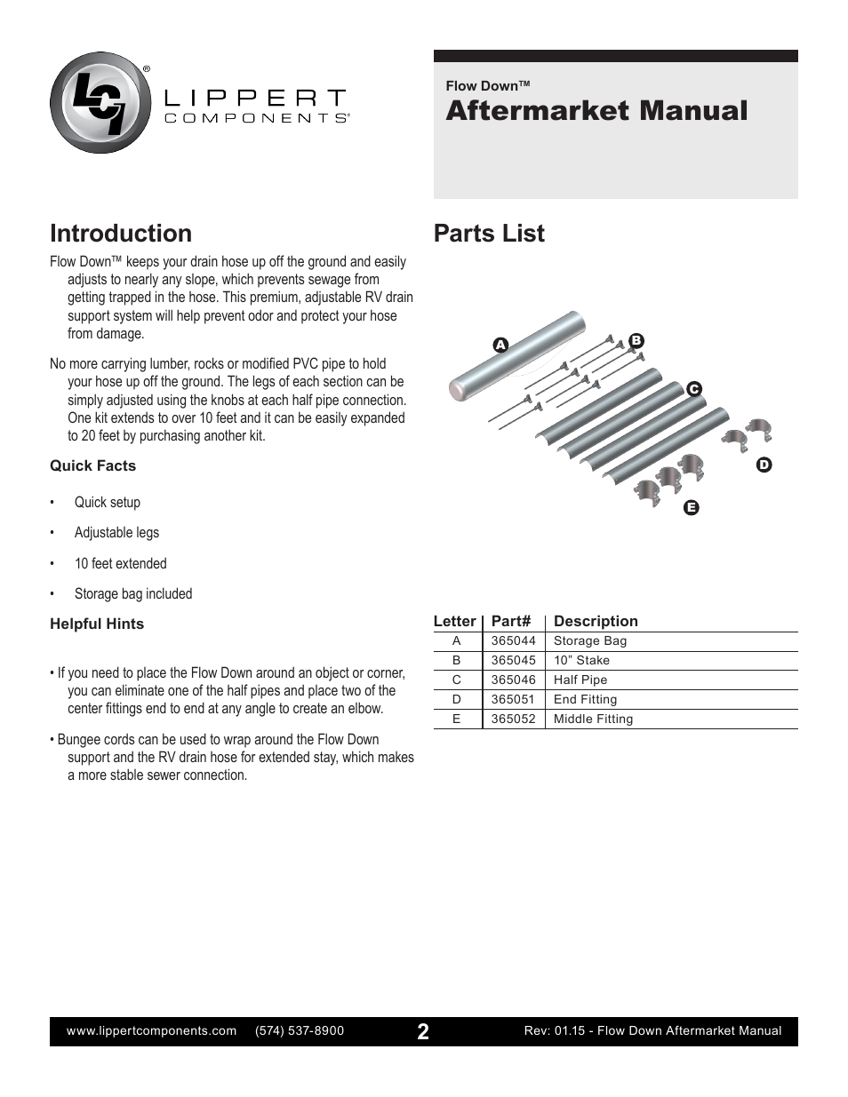 Aftermarket manual, Introduction, Parts list | Lippert Components Flow Down Aftermarket User Manual | Page 2 / 4