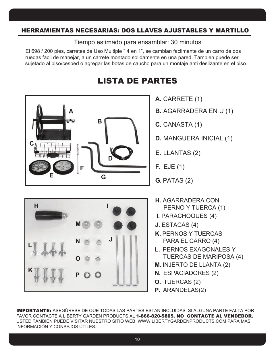 Lista de partes | Liberty Garden 698 User Manual | Page 10 / 16