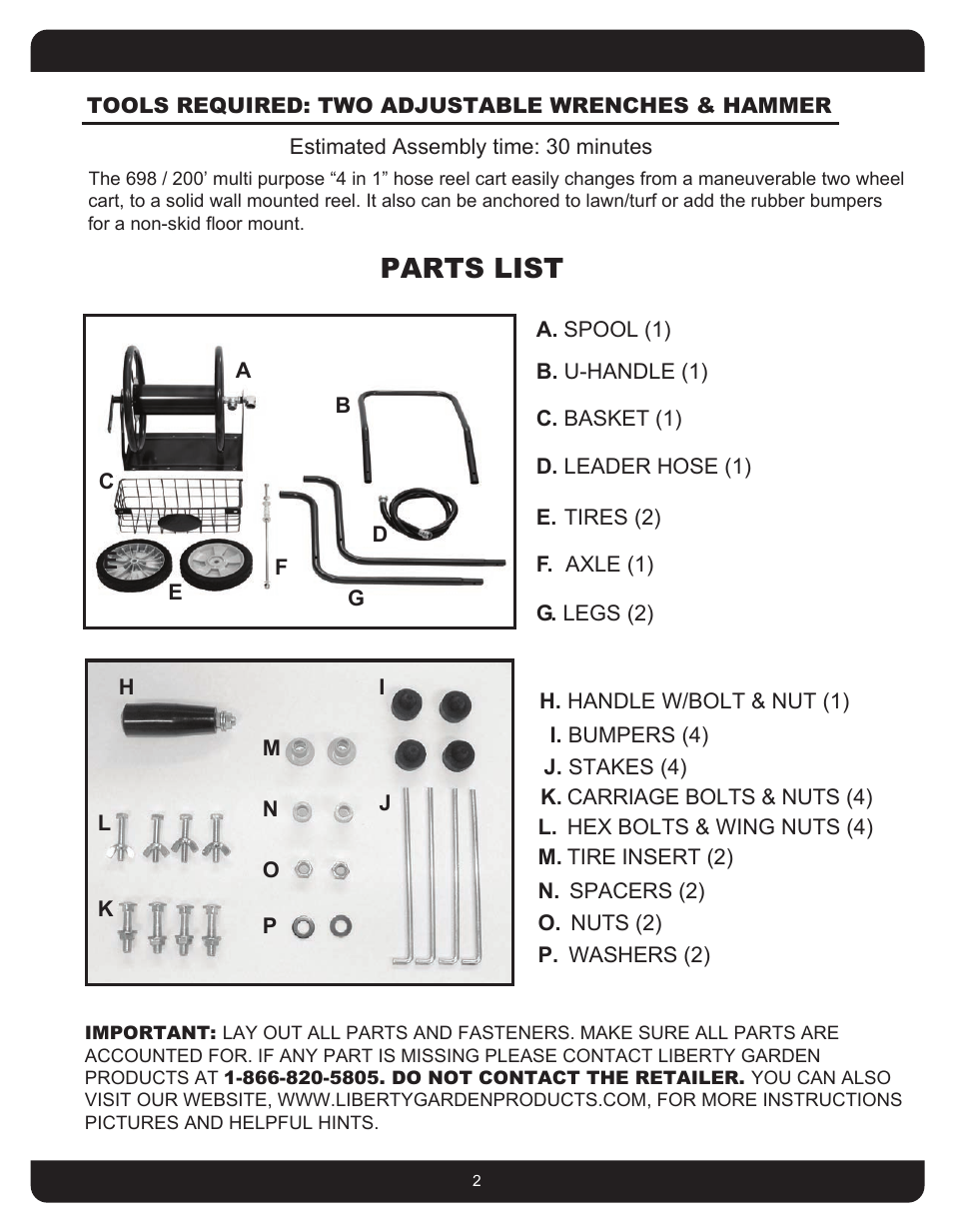 Parts list | Liberty Garden 698 User Manual | Page 2 / 16