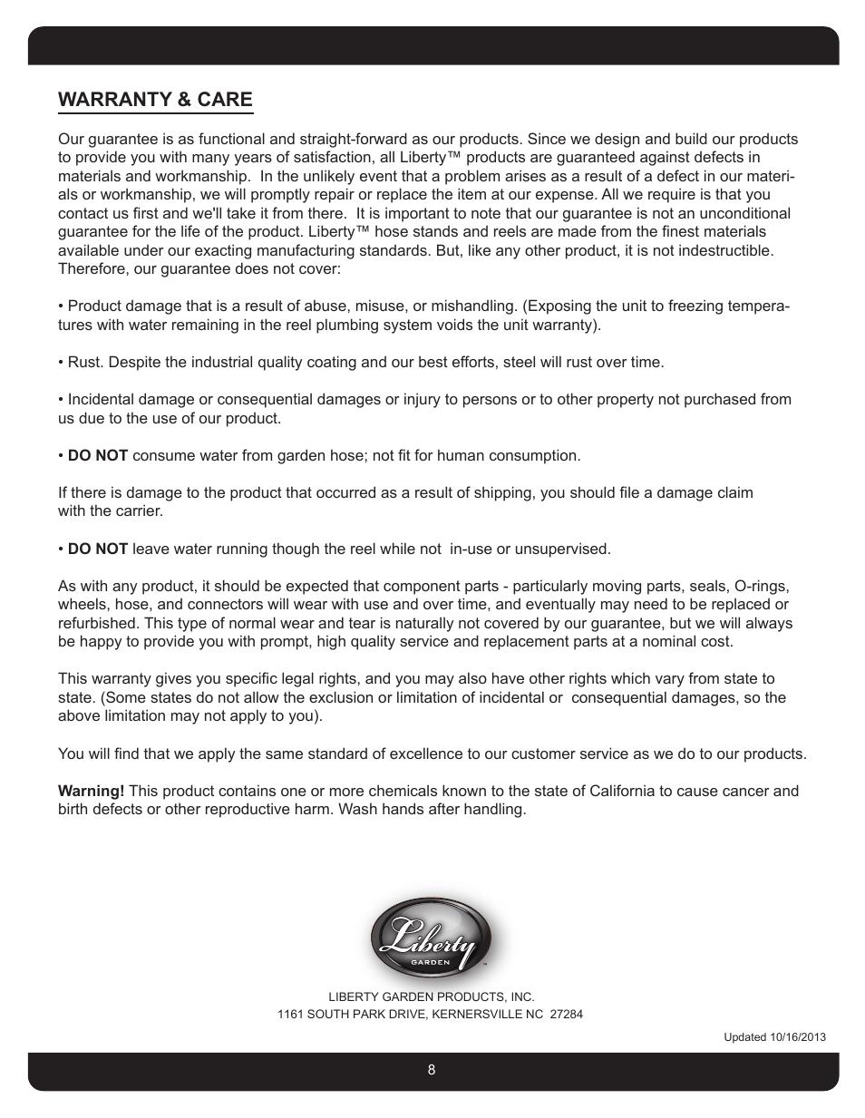 Warranty & care | Liberty Garden 698 User Manual | Page 8 / 16