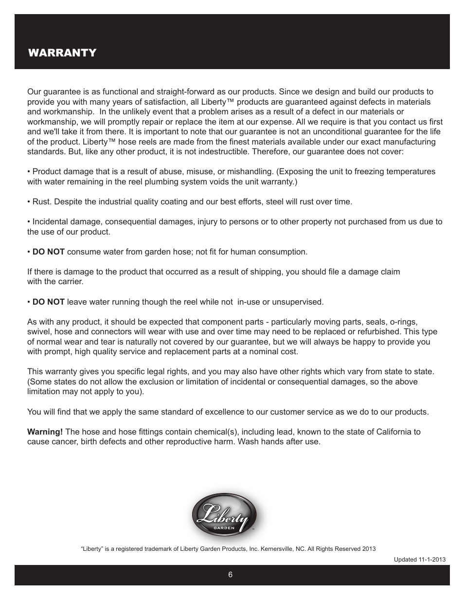 Warranty | Liberty Garden 1200 User Manual | Page 6 / 6