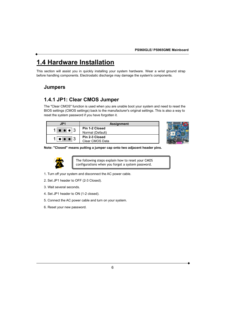 4 hardware installation, Jumpers 1.4.1 jp1: clear cmos jumper | Longshine GFT150 Ver.1.0 User Manual | Page 10 / 55