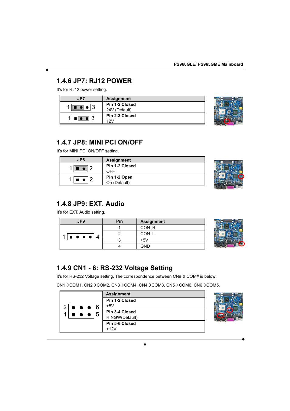 6 jp7: rj12 power, 7 jp8: mini pci on/off, 8 jp9: ext. audio | Longshine GFT150 Ver.1.0 User Manual | Page 12 / 55