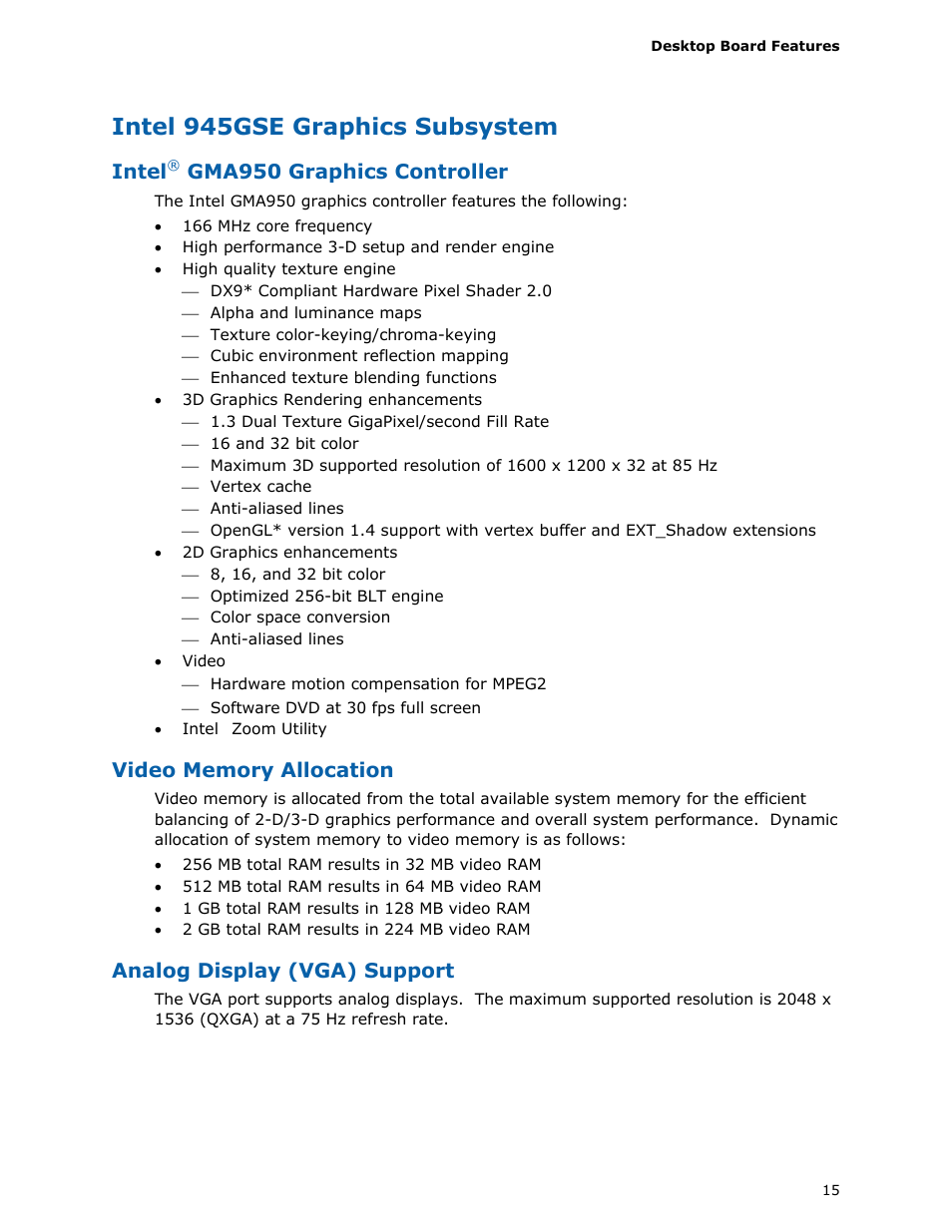 Intel 945gse graphics subsystem, Intel, Gma950 graphics controller | Analog display (vga) support | Longshine D945GSEJT User Manual | Page 15 / 72