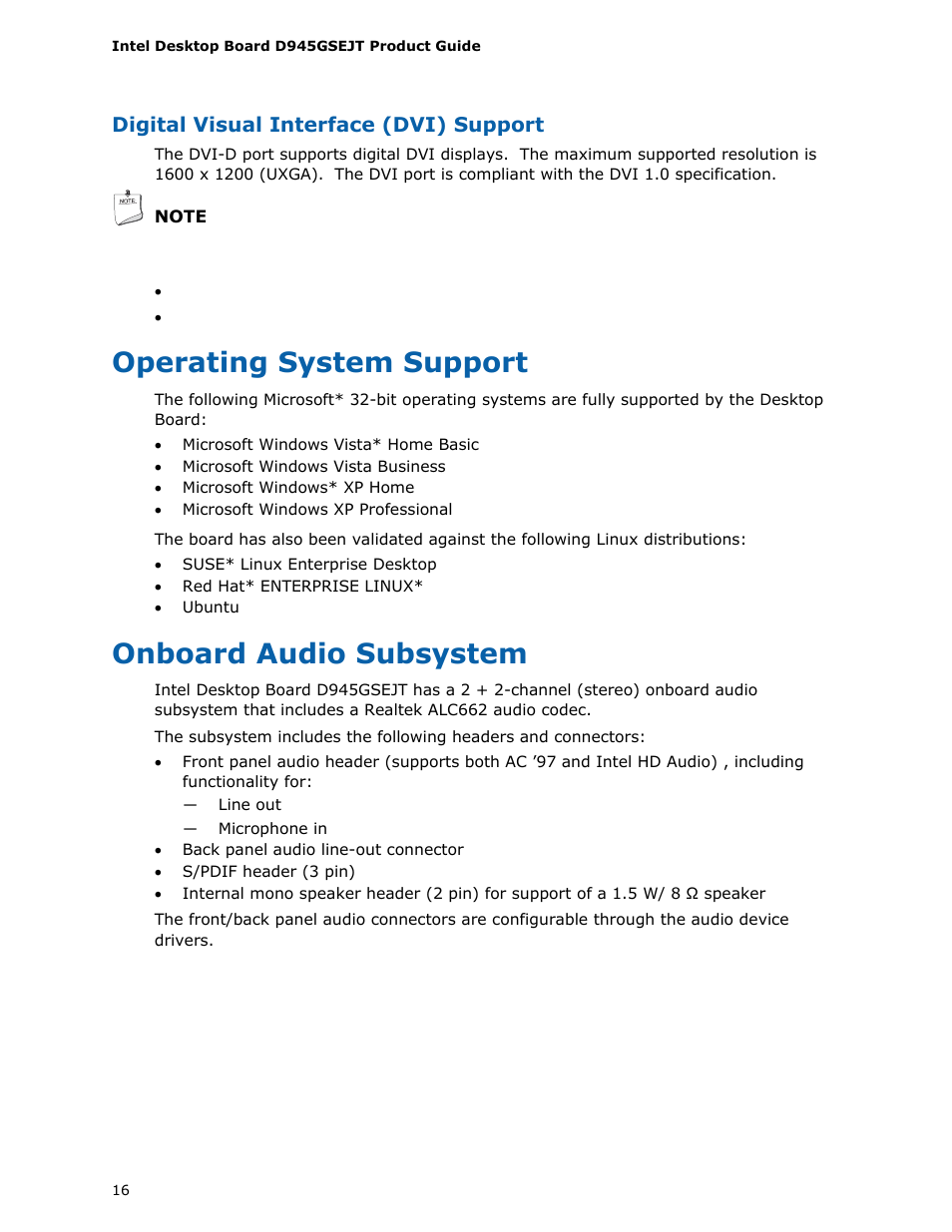 Operating system support, Onboard audio subsystem | Longshine D945GSEJT User Manual | Page 16 / 72