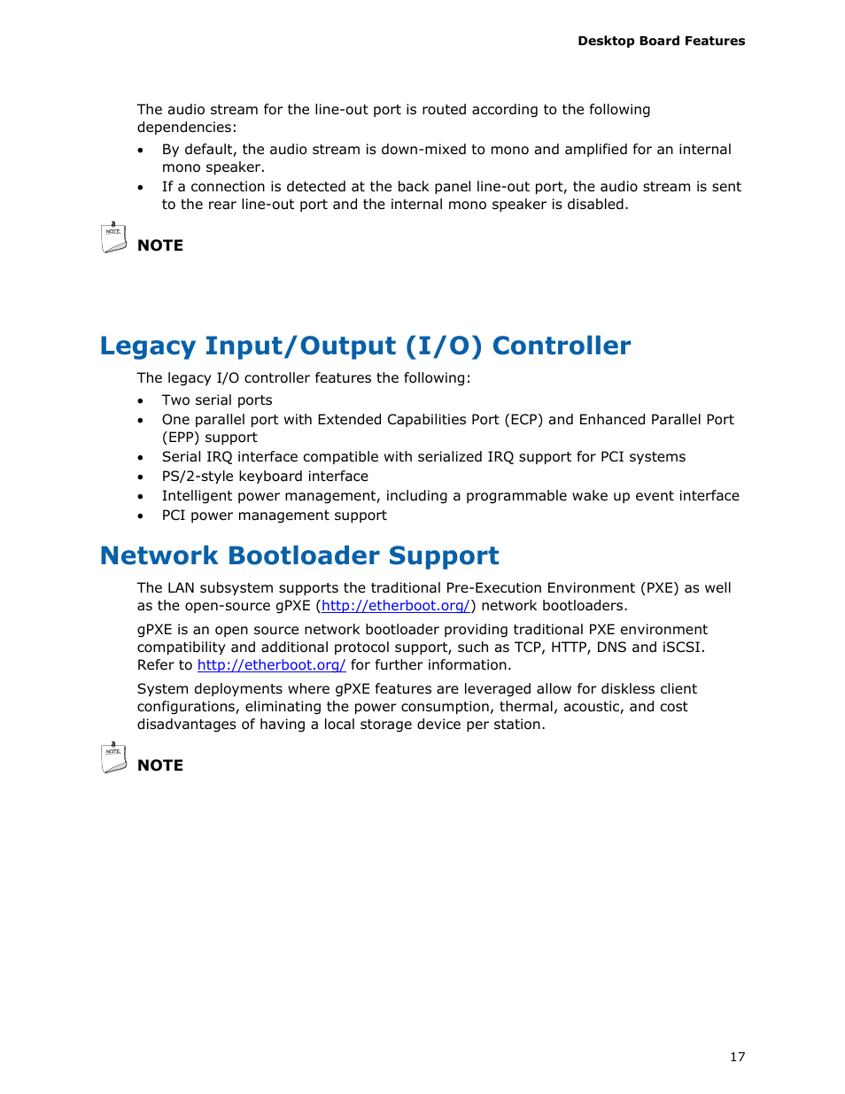 Legacy input/output (i/o) controller, Network bootloader support | Longshine D945GSEJT User Manual | Page 17 / 72