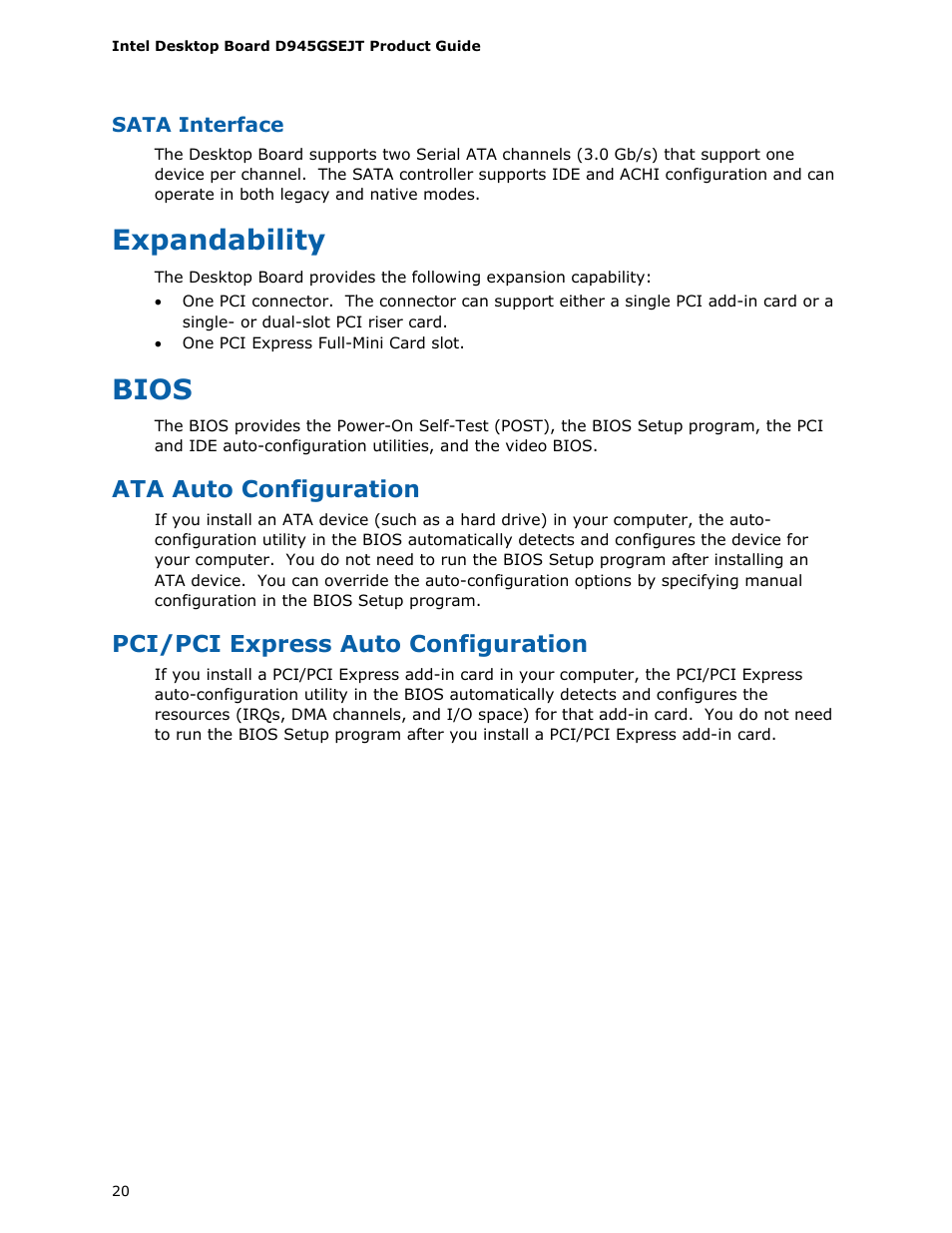 Expandability, Bios, Ata auto configuration | Pci/pci express auto configuration | Longshine D945GSEJT User Manual | Page 20 / 72