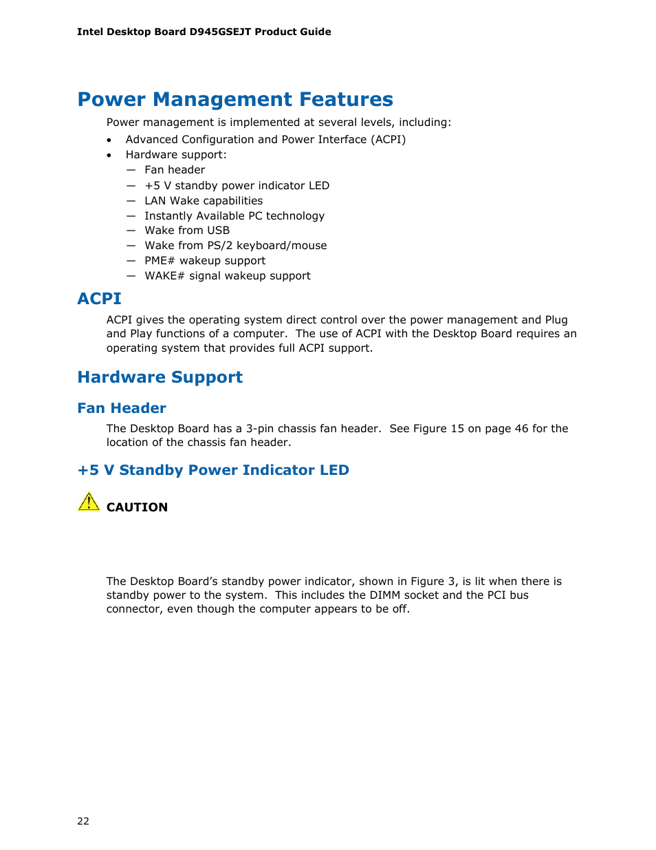 Power management features, Acpi, Hardware support | Longshine D945GSEJT User Manual | Page 22 / 72