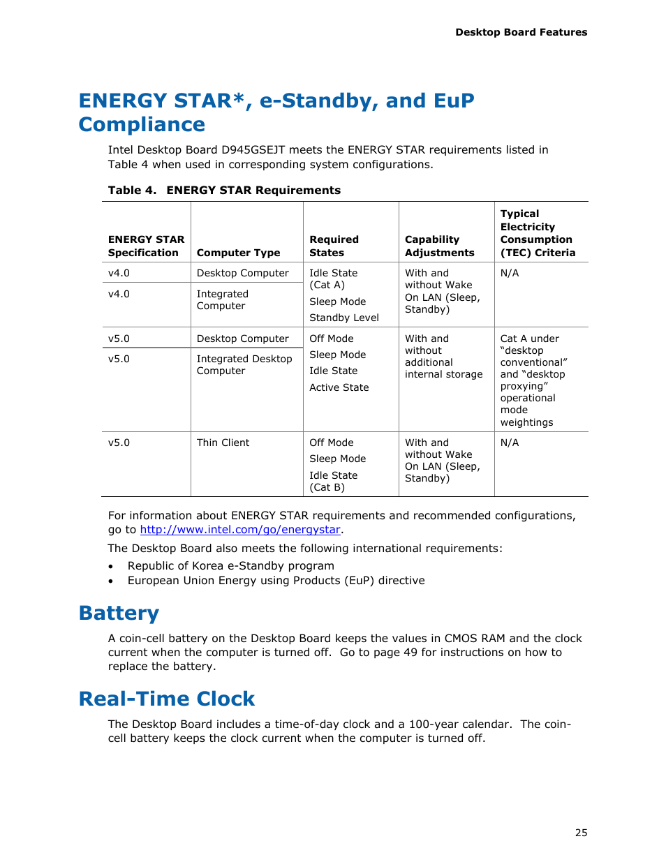 Energy star*, e-standby, and eup compliance, Battery, Real-time clock | Energy star requirements | Longshine D945GSEJT User Manual | Page 25 / 72