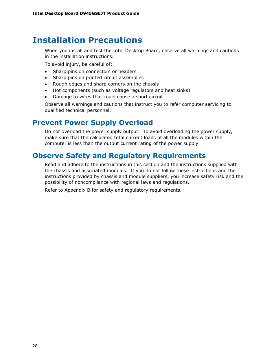 Installation precautions, Prevent power supply overload, Observe safety and regulatory requirements | Longshine D945GSEJT User Manual | Page 28 / 72