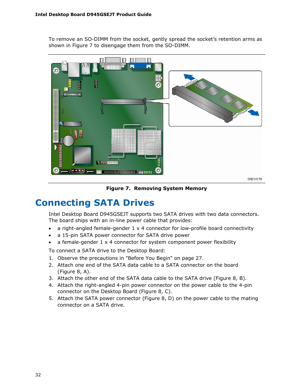 Connecting sata drives, Removing, System memory | Longshine D945GSEJT User Manual | Page 32 / 72