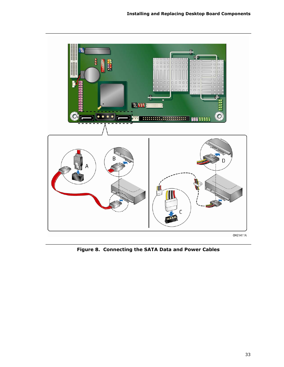 Connecting, Sata, Data and power cables | Figure 8, a, Figure 8, b), Desktop board (figure 8, c), Wer connector (figure 8 | Longshine D945GSEJT User Manual | Page 33 / 72