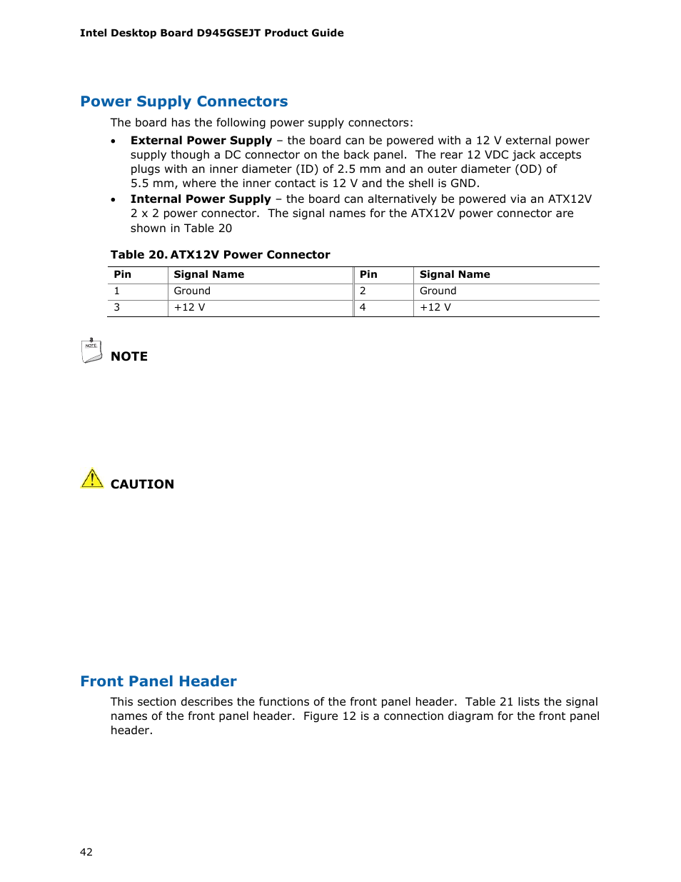 Atx12v power connector, Power supply connectors, Front panel header | Longshine D945GSEJT User Manual | Page 42 / 72