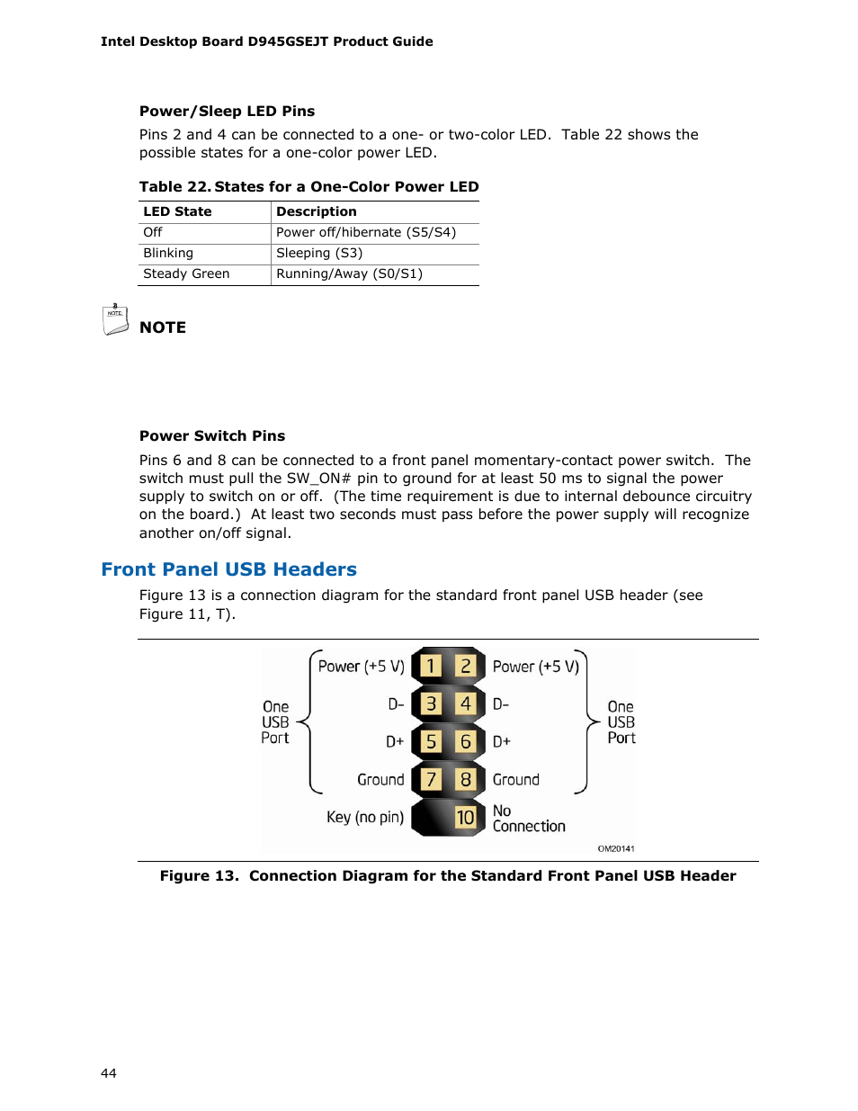 States for a one-color power led, Front panel usb headers | Longshine D945GSEJT User Manual | Page 44 / 72