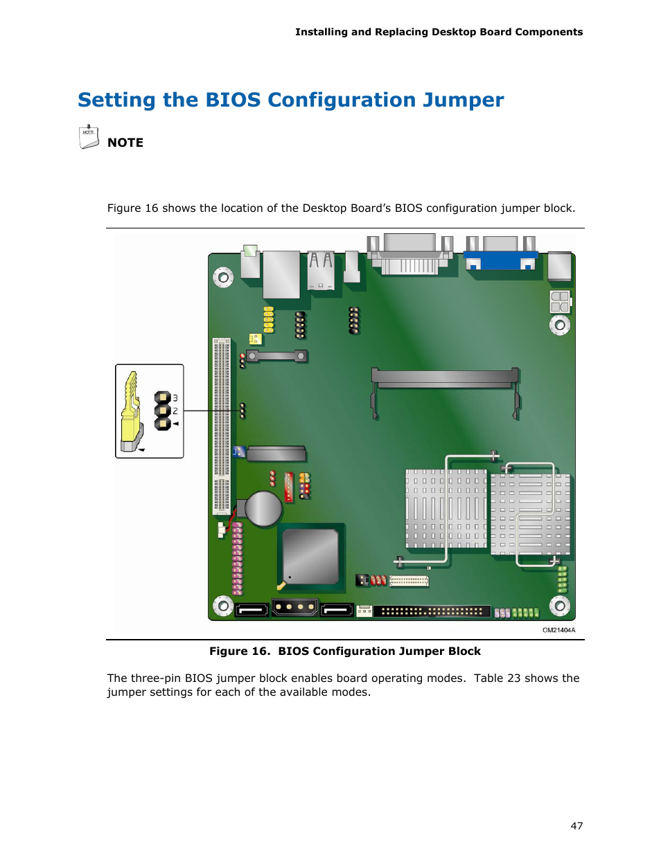 Setting the bios configuration jumper, Bios configuration jumper block | Longshine D945GSEJT User Manual | Page 47 / 72