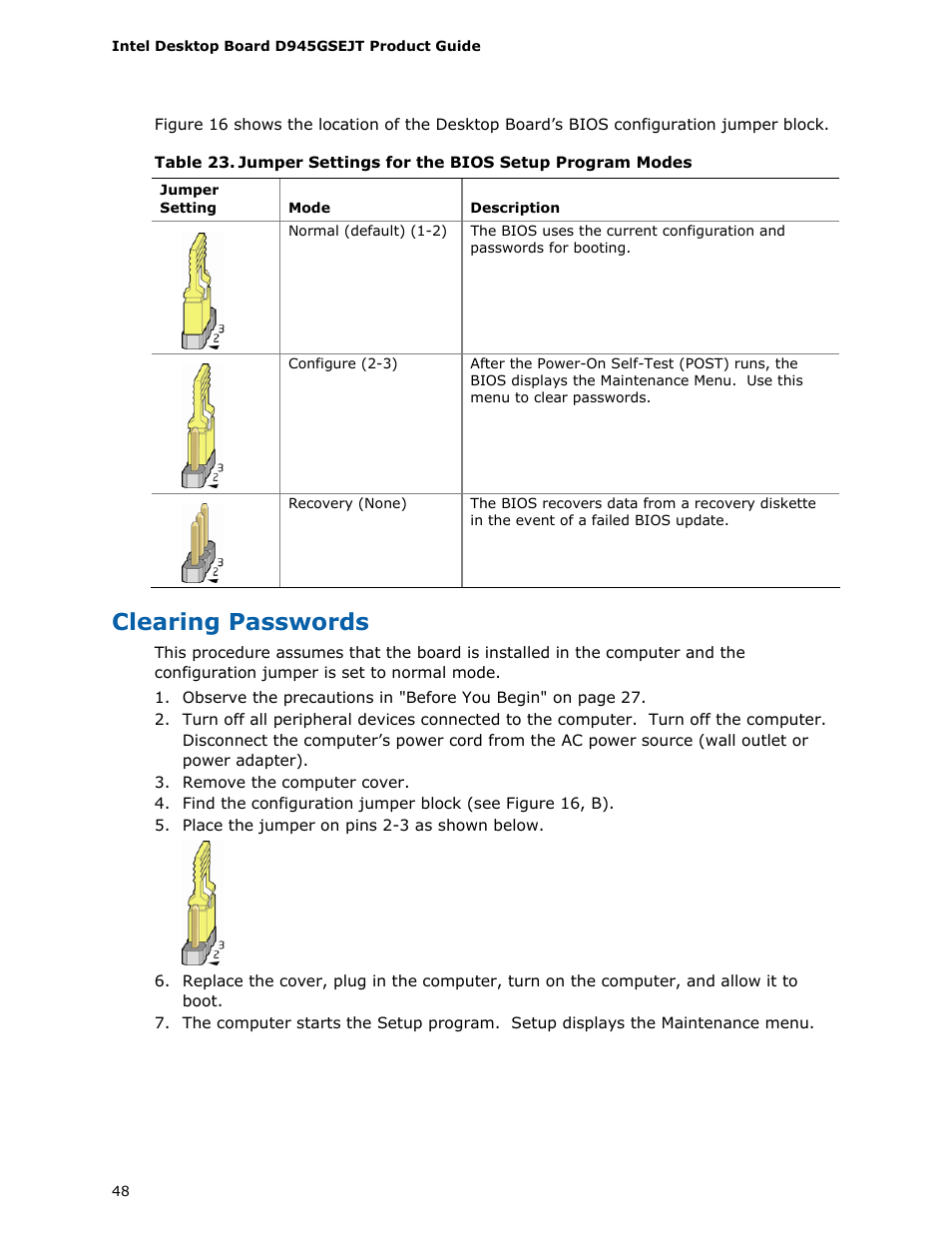 Clearing passwords, Jumper settings for the bios setup program modes | Longshine D945GSEJT User Manual | Page 48 / 72