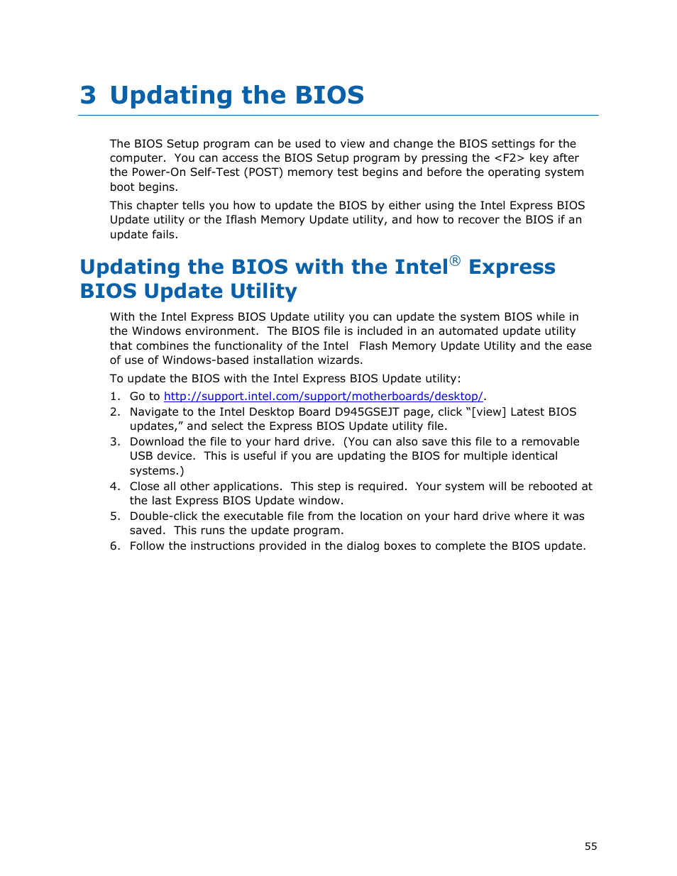 3 updating the bios, Updating the bios with the intel, Express bios update utility | Longshine D945GSEJT User Manual | Page 55 / 72