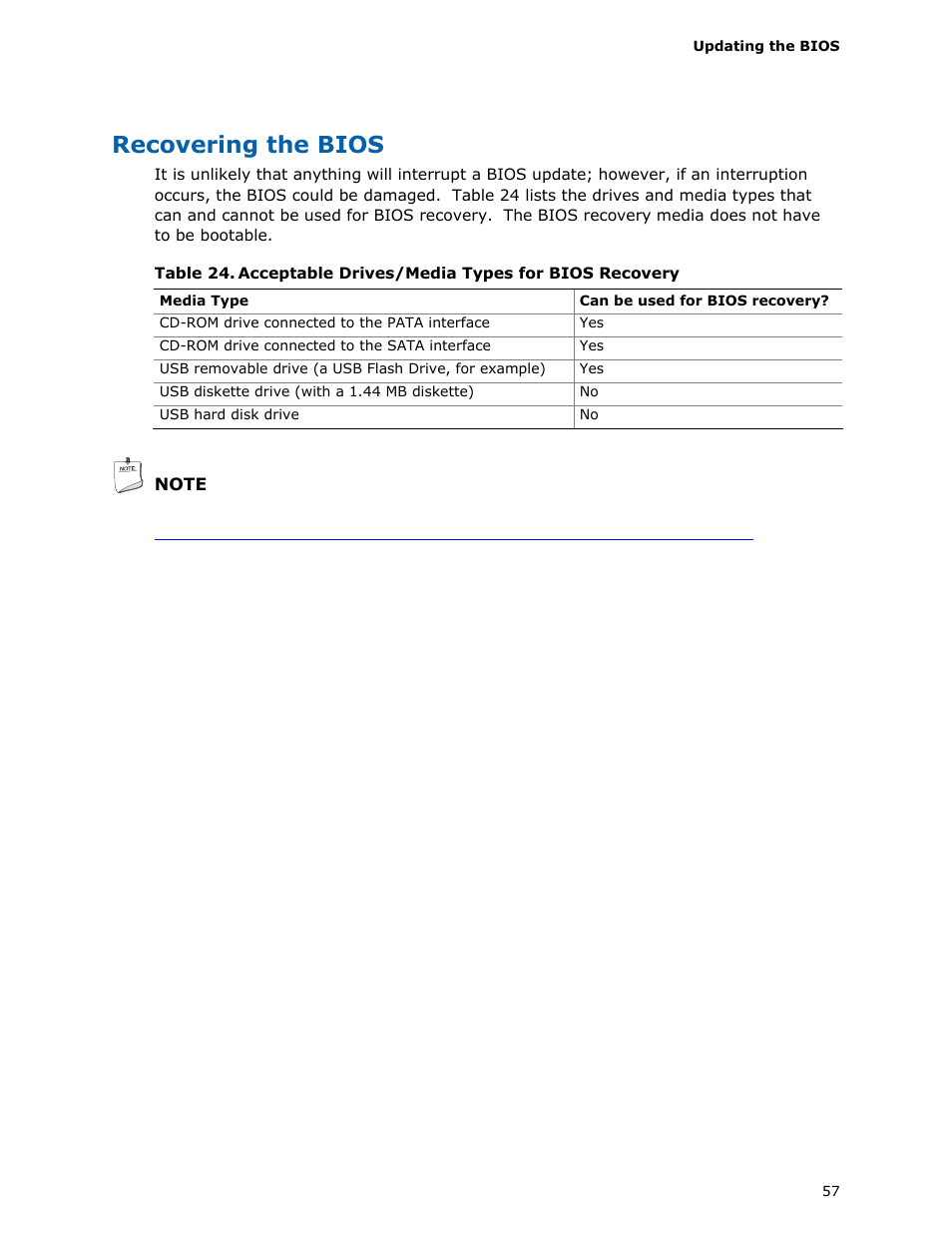 Recovering the bios, Acceptable drives/media types for bios recovery | Longshine D945GSEJT User Manual | Page 57 / 72