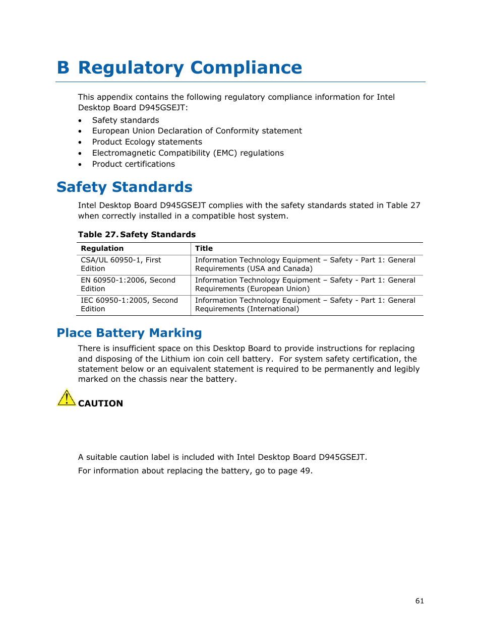 B regulatory compliance, Safety standards, Place battery marking | Longshine D945GSEJT User Manual | Page 61 / 72