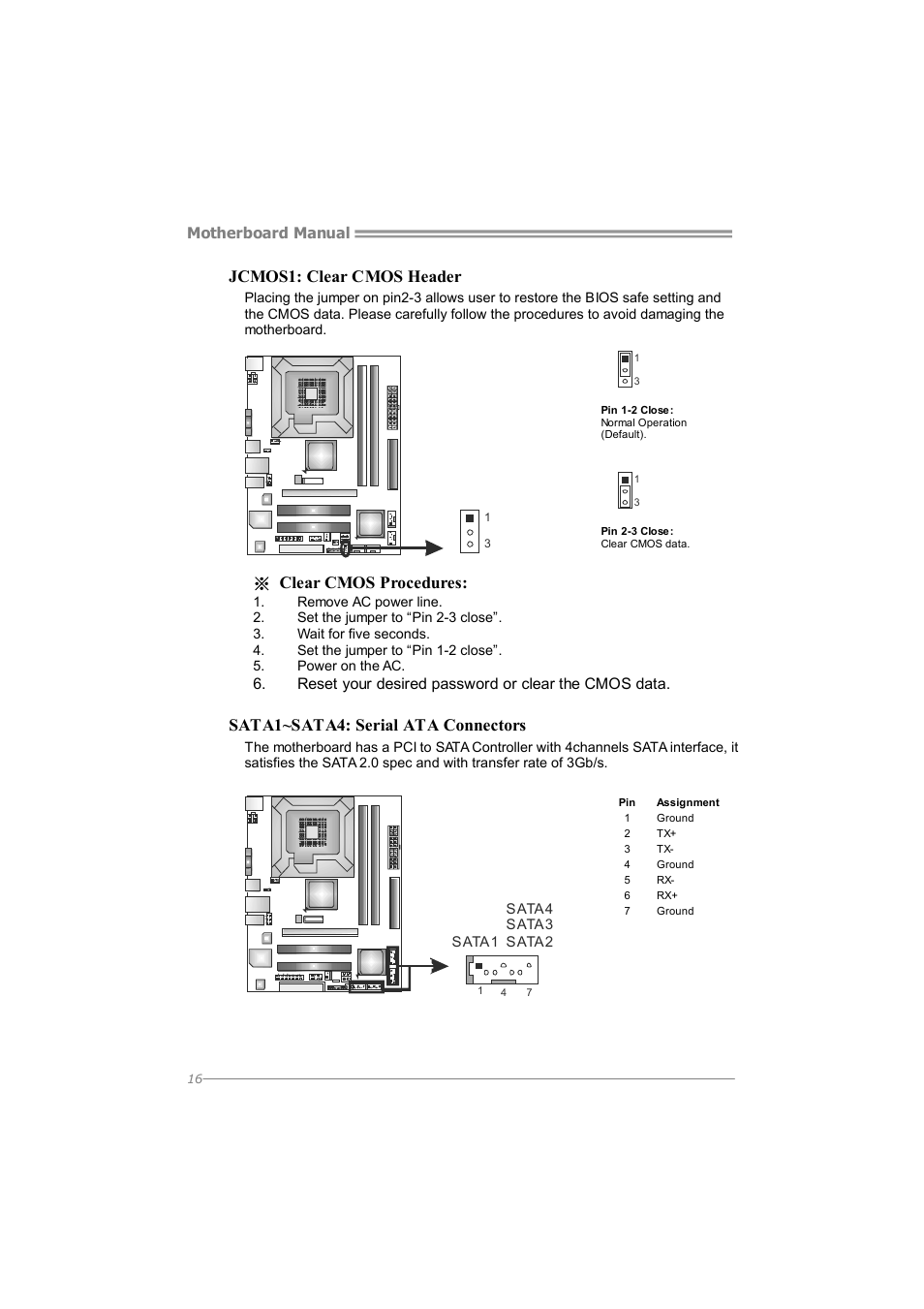 Jcmos1: clear cmos header, Clear cmos procedures, Sata1~sata4: serial ata connectors | Longshine G41D3G+ User Manual | Page 18 / 47