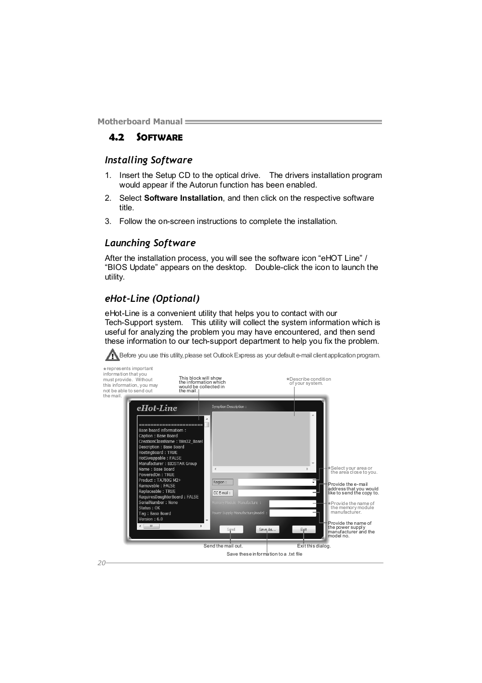 Installing software, Launching software, Ehot-line (optional) | Oftware, Motherboard manual | Longshine G41D3G+ User Manual | Page 22 / 47