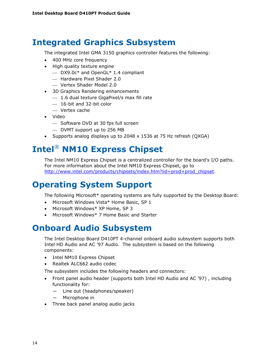 Integrated graphics subsystem, Intel® nm10 express chipset, Operating system support | Onboard audio subsystem, Intel, Nm10 express chipset | Longshine D410PT User Manual | Page 14 / 62