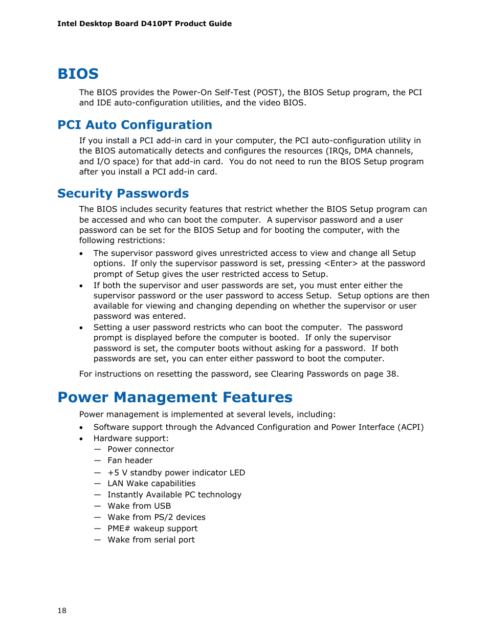 Bios, Pci auto configuration, Security passwords | Power management features | Longshine D410PT User Manual | Page 18 / 62