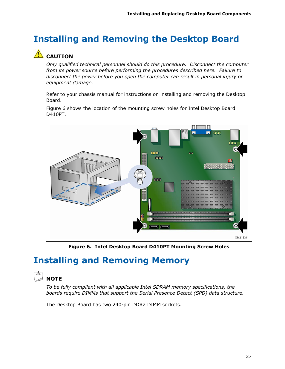 Installing and removing the desktop board, Installing and removing memory, Intel desktop board d410pt mounting screw holes | Longshine D410PT User Manual | Page 27 / 62